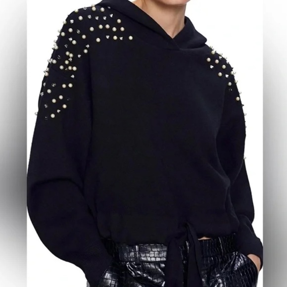 Zara Black Hooded Sweater with Pearls & Spikes - size Medium - Picture 1 of 7